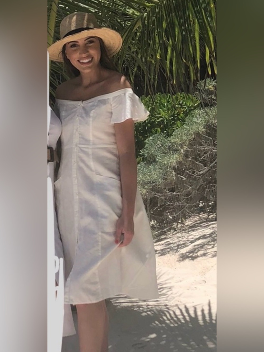 Linen Blend White A line Off the Shoulder Summer Dress with 2 Front Pockets